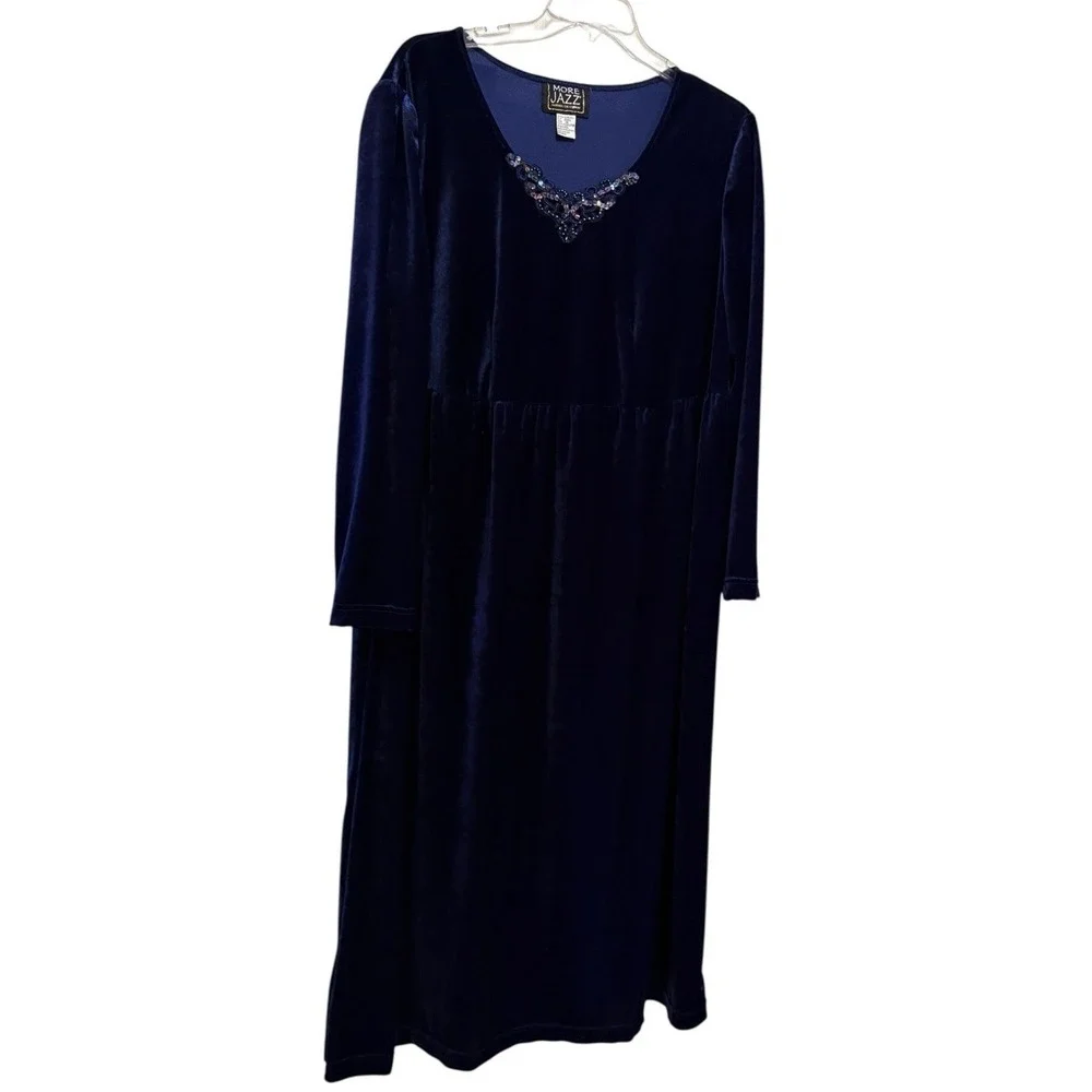 Vtg More Jazz Velvet Choir Dress Navy Blue Long Sleeve Formal Maxi Dress 18 - Picture 4 of 9